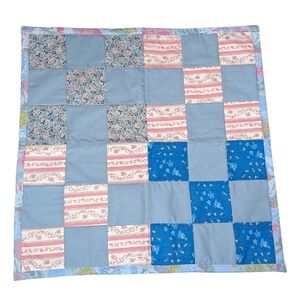 Handmade Mini Quilt 26" x 26" Quilted Baby Blanket Blue Pink Floral Patchwork